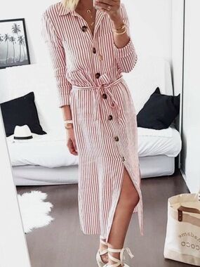 Zara Red and White Striped Maxi Shirt Dress with Waist Tie